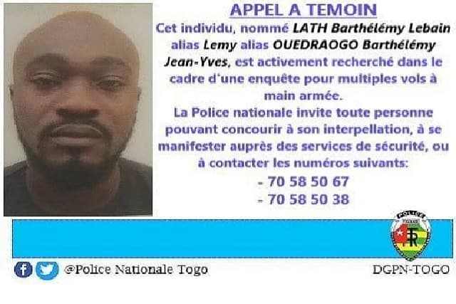 Togo/Vols à main armée-Viol : Un individu activement recherché par la police nationale